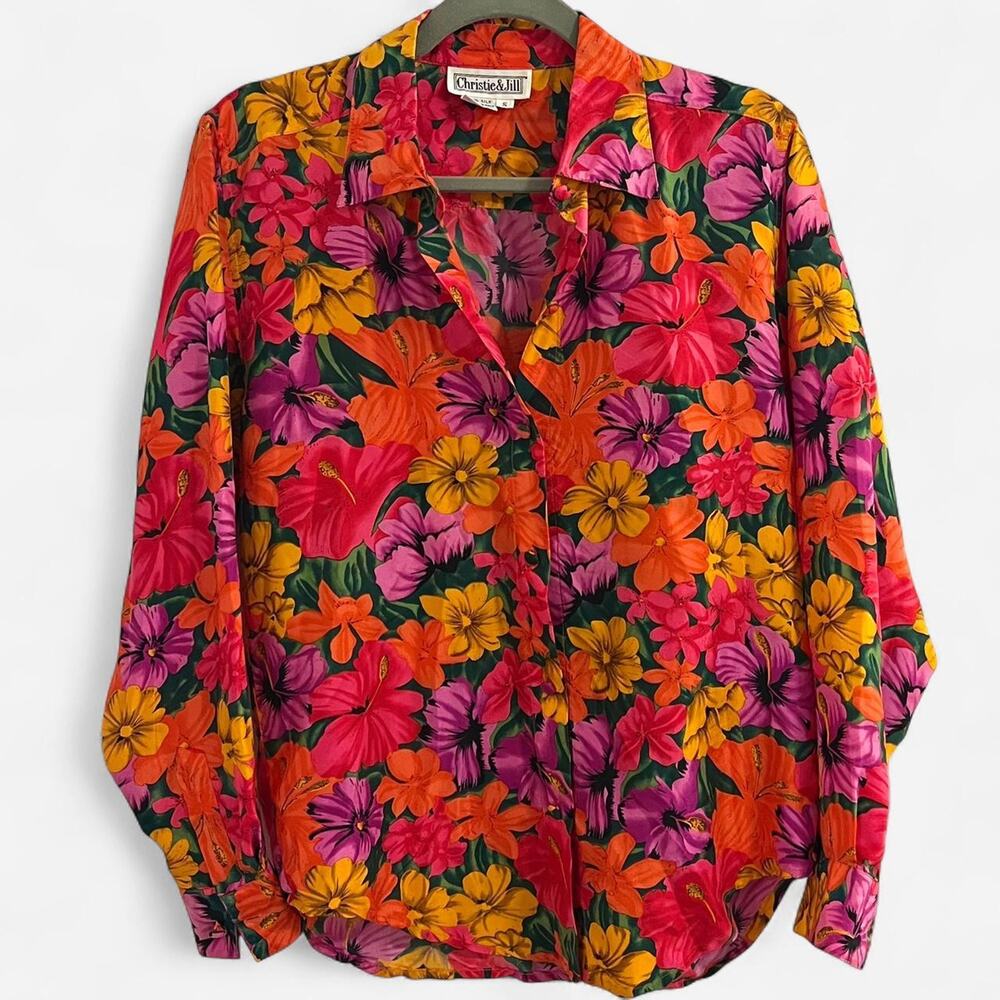 Vintage 80s/90s 100% Silk Tropical/Floral Blouse by Christie & Jill